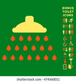 Shower icon and bonus gentleman and female restroom symbols. Vector illustration style is flat iconic bicolor symbols, orange and yellow colors, green background.