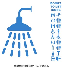 Shower icon and bonus gentleman and female toilet symbols. Vector illustration style is flat iconic symbols, cobalt color, white background.