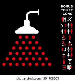 Shower icon and bonus gentleman and female lavatory symbols. Vector illustration style is flat iconic bicolor symbols, red and white colors, black background.