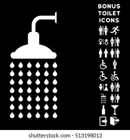 Shower icon and bonus gentleman and female WC symbols. Vector illustration style is flat iconic symbols, white color, black background.