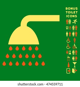 Shower icon and bonus gentleman and lady toilet symbols. Vector illustration style is flat iconic bicolor symbols, orange and yellow colors, green background.