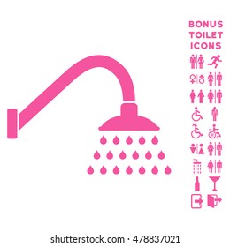 Shower icon and bonus gentleman and lady lavatory symbols. Vector illustration style is flat iconic symbols, pink color, white background.