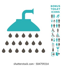 Shower icon and bonus gentleman and lady WC symbols. Vector illustration style is flat iconic bicolor symbols, grey and cyan colors, white background.