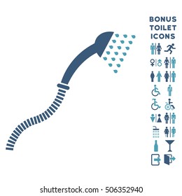 Shower icon and bonus gentleman and lady restroom symbols. Vector illustration style is flat iconic bicolor symbols, cyan and blue colors, white background.