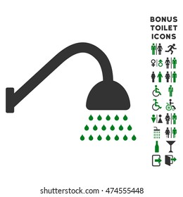 Shower icon and bonus gentleman and woman toilet symbols. Vector illustration style is flat iconic bicolor symbols, green and gray colors, white background.