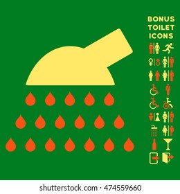 Shower icon and bonus gentleman and woman lavatory symbols. Vector illustration style is flat iconic bicolor symbols, orange and yellow colors, green background.