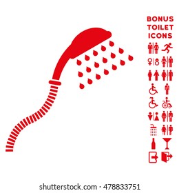 Shower icon and bonus gentleman and woman lavatory symbols. Vector illustration style is flat iconic symbols, red color, white background.