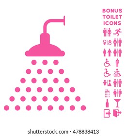 Shower icon and bonus gentleman and woman toilet symbols. Vector illustration style is flat iconic symbols, pink color, white background.