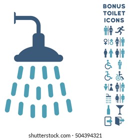 Shower icon and bonus gentleman and woman lavatory symbols. Vector illustration style is flat iconic bicolor symbols, cyan and blue colors, white background.