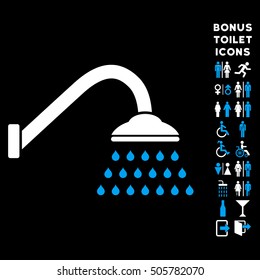 Shower icon and bonus gentleman and woman toilet symbols. Vector illustration style is flat iconic bicolor symbols, blue and white colors, black background.