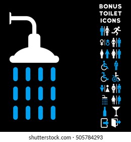 Shower icon and bonus gentleman and woman restroom symbols. Vector illustration style is flat iconic bicolor symbols, blue and white colors, black background.