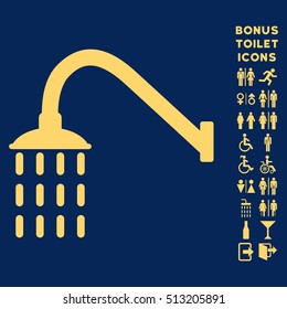 Shower icon and bonus gentleman and woman lavatory symbols. Vector illustration style is flat iconic symbols, yellow color, blue background.