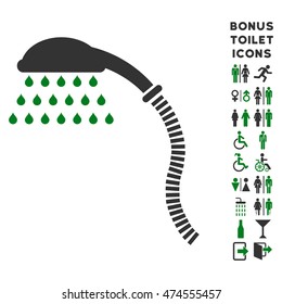 Shower icon and bonus male and female lavatory symbols. Vector illustration style is flat iconic bicolor symbols, green and gray colors, white background.