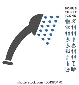 Shower icon and bonus male and female lavatory symbols. Vector illustration style is flat iconic bicolor symbols, cobalt and gray colors, white background.