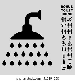 Shower icon and bonus male and female toilet symbols. Vector illustration style is flat iconic symbols, black color, light gray background.