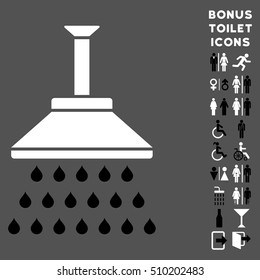 Shower icon and bonus male and female WC symbols. Vector illustration style is flat iconic bicolor symbols, black and white colors, gray background.
