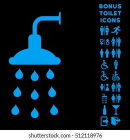 Shower icon and bonus male and female toilet symbols. Vector illustration style is flat iconic symbols, blue color, black background.