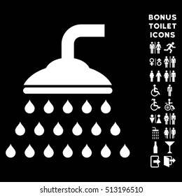 Shower icon and bonus male and female lavatory symbols. Vector illustration style is flat iconic symbols, white color, black background.