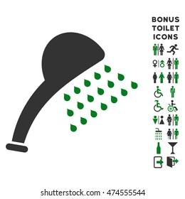 Shower icon and bonus male and lady toilet symbols. Vector illustration style is flat iconic bicolor symbols, green and gray colors, white background.