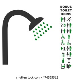 Shower icon and bonus male and lady lavatory symbols. Vector illustration style is flat iconic bicolor symbols, green and gray colors, white background.