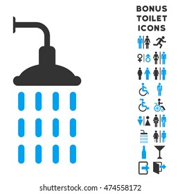 Shower icon and bonus male and lady WC symbols. Vector illustration style is flat iconic bicolor symbols, blue and gray colors, white background.