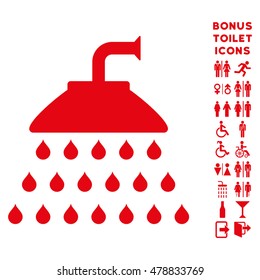 Shower icon and bonus male and lady restroom symbols. Vector illustration style is flat iconic symbols, red color, white background.