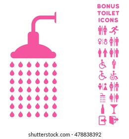 Shower icon and bonus male and lady WC symbols. Vector illustration style is flat iconic symbols, pink color, white background.