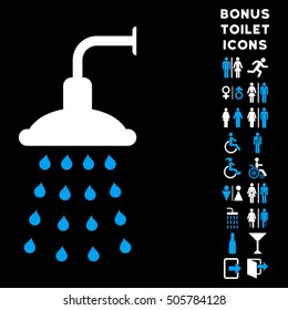 Shower icon and bonus male and lady lavatory symbols. Vector illustration style is flat iconic bicolor symbols, blue and white colors, black background.