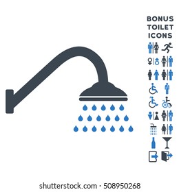 Shower icon and bonus male and lady restroom symbols. Vector illustration style is flat iconic bicolor symbols, smooth blue colors, white background.