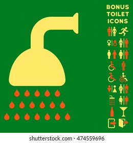 Shower icon and bonus male and woman WC symbols. Vector illustration style is flat iconic bicolor symbols, orange and yellow colors, green background.