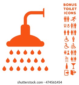 Shower icon and bonus male and woman lavatory symbols. Vector illustration style is flat iconic symbols, orange color, white background.