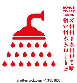 Shower icon and bonus male and woman toilet symbols. Vector illustration style is flat iconic symbols, red color, white background.