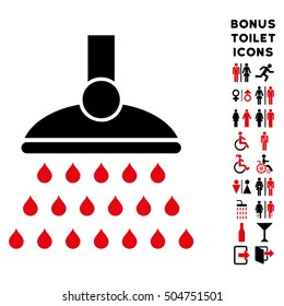 Shower icon and bonus male and woman toilet symbols. Vector illustration style is flat iconic bicolor symbols, intensive red and black colors, white background.