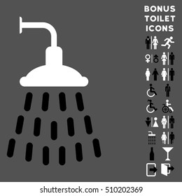 Shower icon and bonus male and woman lavatory symbols. Vector illustration style is flat iconic bicolor symbols, black and white colors, gray background.