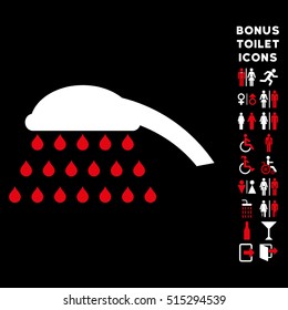 Shower icon and bonus male and woman restroom symbols. Vector illustration style is flat iconic bicolor symbols, red and white colors, black background.