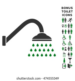 Shower icon and bonus man and female WC symbols. Vector illustration style is flat iconic bicolor symbols, green and gray colors, white background.