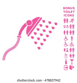 Shower icon and bonus man and female toilet symbols. Vector illustration style is flat iconic symbols, pink color, white background.