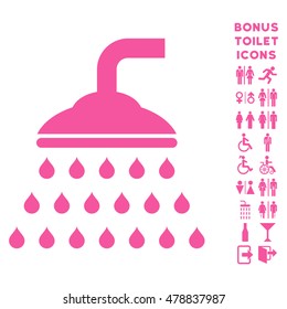 Shower icon and bonus man and female toilet symbols. Vector illustration style is flat iconic symbols, pink color, white background.
