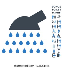 Shower icon and bonus man and female lavatory symbols. Vector illustration style is flat iconic bicolor symbols, smooth blue colors, white background.