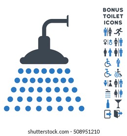 Shower icon and bonus man and female toilet symbols. Vector illustration style is flat iconic bicolor symbols, smooth blue colors, white background.