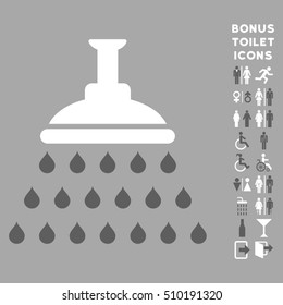 Shower icon and bonus man and female restroom symbols. Vector illustration style is flat iconic bicolor symbols, dark gray and white colors, silver background.
