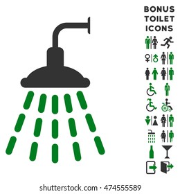 Shower icon and bonus man and lady lavatory symbols. Vector illustration style is flat iconic bicolor symbols, green and gray colors, white background.