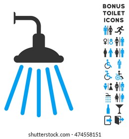 Shower icon and bonus man and lady restroom symbols. Vector illustration style is flat iconic bicolor symbols, blue and gray colors, white background.