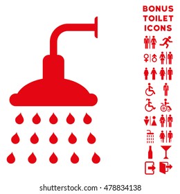 Shower icon and bonus man and lady toilet symbols. Vector illustration style is flat iconic symbols, red color, white background.