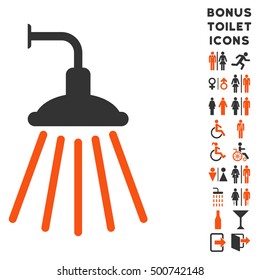 Shower icon and bonus man and lady WC symbols. Vector illustration style is flat iconic bicolor symbols, orange and gray colors, white background.