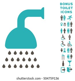 Shower icon and bonus man and lady lavatory symbols. Vector illustration style is flat iconic bicolor symbols, grey and cyan colors, white background.