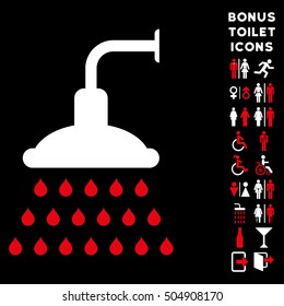 Shower icon and bonus man and lady lavatory symbols. Vector illustration style is flat iconic bicolor symbols, red and white colors, black background.