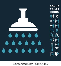 Shower icon and bonus man and lady restroom symbols. Vector illustration style is flat iconic bicolor symbols, blue and white colors, dark blue background.