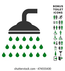 Shower icon and bonus man and woman toilet symbols. Vector illustration style is flat iconic bicolor symbols, green and gray colors, white background.