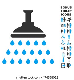 Shower icon and bonus man and woman lavatory symbols. Vector illustration style is flat iconic bicolor symbols, blue and gray colors, white background.